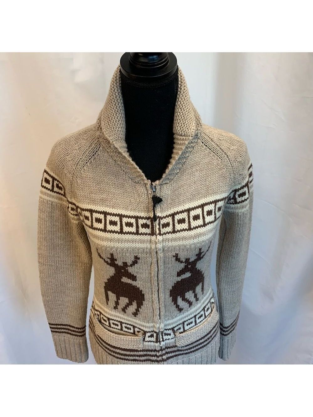 Triple Five Soul beige brown reindeer Zipup jacket wool sweater Sz S - Picture 5 of 15